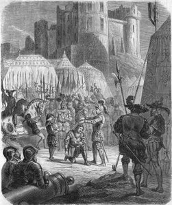 Franz I. von Frankreich bittet den Chevalier Bayard, ihn nach dem Sieg in der Schlacht von Marignano, Italien, zum Ritter zu schlagen