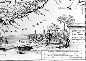 Francisco Pizarro (in fr. Francois Pizarre) dargestellt auf einer Karte von Peru. 17. Jahrhundert von Unknown artist