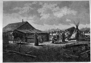 Franco-kanadisches Métis-Dorf in Kanada. Gravur im „Le journal de la jeunesse“