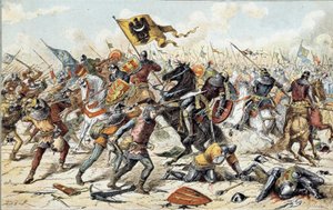 Französisch-Englischer Krieg (1202-1214): Die Schlacht von Bouvines am 27.07.1214 zwischen der französischen Armee von Philippe Auguste und den Flamen und Welfen von Othon IV. Der französische Sieg war entscheidend für den Ausgang des Krieges. 19. Jahrhund