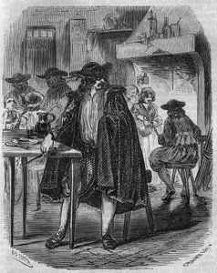 Francois Ravaillac (1578-1610), Mörder von König Heinrich IV., flieht in einem Gasthaus mit dem Messer, mit dem er Heinrich IV. treffen muss - Gravur des 19. Jahrhunderts von Unknown artist