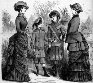 Französische Damen- und Kinderkleidung im 19. Jahrhundert. Werbung von 1882. Gravur in „Die illustre Welt“ Nr. 1302 vom 11. März 1882. von Unknown artist