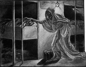 Französische Propaganda gegen die Spanische Grippe-Epidemie: Die Krankheit wird allegorisch als besorgniserregende Figur dargestellt, die sich einer schlafenden Person im Schlafsaal eines Migrantenschiffs nähert von Unknown artist