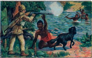 Freitags Befreiung. Illustration für das Buch von Daniel Defoe „Robinson Crusoe“. Chromolithographie aus dem späten 19. Jahrhundert von Unknown artist