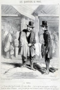 Fripier aus dem Tempelbezirk in Paris versucht, einem Mann Kleidung zu verkaufen. Gravur des 19. Jahrhunderts von Unknown artist