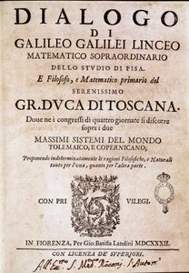 Frontispiz von „Dialog über die zwei großen Weltsysteme“ (dialogo sopra i due massimi sistemi del mondo) in Auftrag gegeben von Papst Urban VIII. an den Astronomen und Physiker Galileo Galilei um 1620 und veröffentlicht 1632