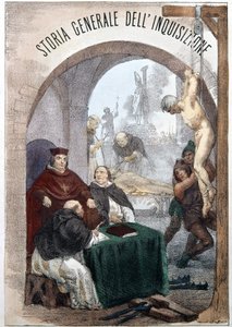 Frontispiz der Allgemeinen Geschichte der Inquisition von Pietro Tamburini mit einer Illustration, die Szenen der symbolischen Inquisition darstellt. Mailand 1850
