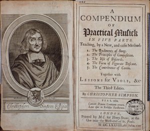 Frontispiz des Compendium der praktischen Musik mit Porträt von Christopher Simpson