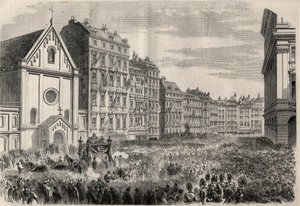 Begräbnis von Kaiser Maximilian I. von Mexiko (1832-1867): Ankunft des Trauerzugs vor der Kapuzinerkirche in Wien. Gravur in „L