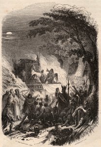 Begräbnis eines germanischen Häuptlings in der Antike: Sein Körper wird mit seinen Waffen und seinem Pferd verbrannt. Gravur von 1868 in „Histoire de Belgique von den frühesten Zeiten bis zum Ende der Herrschaft von Leopold I.“ von Théodore Juste. Private  von Unknown artist