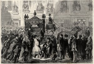 Begräbniszug während der Beisetzung von Gioachino Rossini (1799-1868) in Paris. Gravur in „L