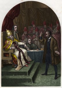 Galileo Galilei (1564-1642) vor Papst Urban VIII. im Jahr 1633. Gravur von 1842 in „Histoire des papes“ von Maurice Lachatre. Private Sammlung