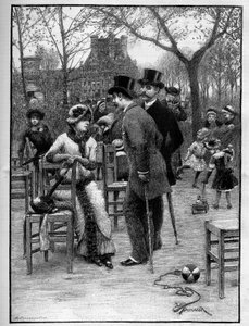 Galantes Gespräch zwischen zwei Männern und einer jungen Frau, alle sehr elegant, im Tuileriengarten in Paris im Sommer. In „Le Monde Illustré“
