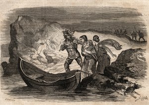 Gallische Kriege, 58-51 v. Chr. Römischer Sieg über die germanischen Stämme unter Ariovistus - Ariovistus gezwungen, den Rhein zu überqueren - Gravur in „Dictionnaire populaire illustré“ - 1864 - von Joseph Decembre und Edmond Allonier