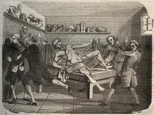 Galvanisierung der Leiche eines Henkers mit der Batterie von Alessandro Volta: Unter dem Einfluss von Elektrizität scheint die Leiche wieder zum Leben zu erwachen