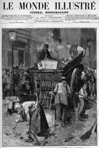 Mülltonne, der neue Lastwagen in der Rue du Cherche Midi (Cherche-Midi) in Paris. Männer und Frauen sammeln Abfall auf einer Straße in Paris, um ihn in einen Wagen zu werfen und so das Leben zu reinigen. Gravur in „Le Monde Illustré“
