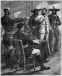 Gaston de Raousset-Boulbon (1817-1854) vor einem Kriegsrat, 1854 in Mexiko - Gravur von 1888
