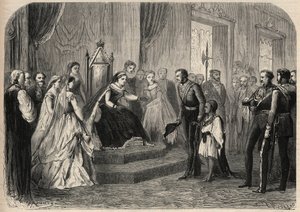 General Robert Cornelis Napier (1810-1890) stellte Leul Alemayehou Tewodros (1861-1879), den Sohn des äthiopischen Negus Theodoros II., Königin Victoria I. vor. Gravur in „L