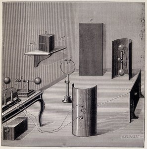 Allgemeines Layout der Experimente von Heinrich Hertz (1857-1894) über elektrische Wellen - in „Physique populaire“ von Emile Desbeaux, Flammarion von Unknown artist