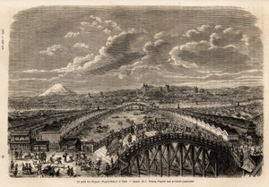 Gesamtansicht von Yedo (oder Edo, heutiges Tokio) von der Nippon Bassi (die Brücke von Nippon), lebhafte Animation von Passanten und Trägern auf der Brücke, zwischen den Händlergassen, Blick auf die Geschäfte und im Hintergrund, Blick auf den Berg Fuji. Gr