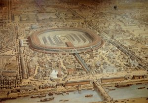 Gesamtansicht der Weltausstellung 1867 in Paris. Im Zentrum die Militärschule des Champ de Mars. Gravur Paris, Musée Carnavalet von Unknown artist