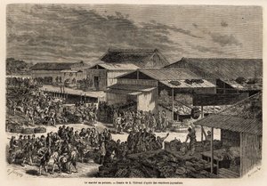 Gesamtansicht des Fischmarktes, mit dem Hafen der Warenbarken, den Hütten und den Präsentationsständen der Produkte und der Bühne für den Verkauf an die Auktionshäuser, mit der lebhaften Animation, die den Ort vereint: Träger, Verkäufer und m von Unknown artist