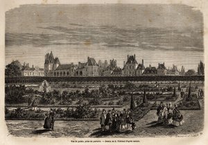 Gesamtansicht des Palastes und der Gärten von Fontainebleau, vom Boden aus gesehen. Illustration einer Beschreibung des Schlosses und Waldes von Fontainebleau, 1867, von M. Pays, in "Le tour du monde, nouveau journal des voyages" von Unknown artist