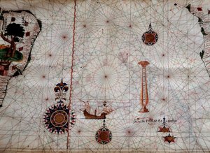 Geographie: Detail einer Navigationskarte von Luis Lazare, die die Inseln des Tristan da Cunha Archipels und die Karavelle des gleichnamigen Entdeckers darstellt von Unknown artist