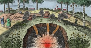 Geologie: Schnitt durch die Erdkruste, der den Austritt von Feuer aus der Erde erklärt. Gravur aus „Mundi Mirabilis Oeconomia“ von Johann Zahn (1631-1707) von Unknown artist