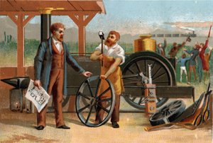 George Stephenson (1781-1848) dargestellt mit einer seiner Erfindungen: der Lokomotive. Späte Chromolithografie des 19. Jahrhunderts