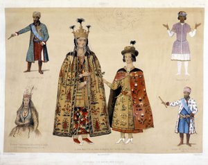 Georgische Kostümtafel im 16. und 17. Jahrhundert: König Irakli (1744 - 1798), Gheorghi X (1687), Prinzessin Chartchevadze (Botschafterin Georgiens in St. Petersburg unter Katharina II. 1780), Königin Mary (Tochter von Dadian von Mingrelie mit ihrem Sohn O