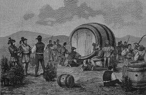 Deutscher Bauernkrieg (1524-1526): Bauernlager auf den Wacholdern mit einem großen Weinfass von Unknown artist