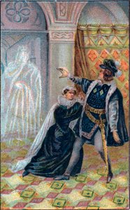 Gertrude, Hamlet und der Geist von Hamlets Vater. In „Hamlet“ von William Shakespeare. Chromolithographie des späten 19. Jahrhunderts. von Unknown artist