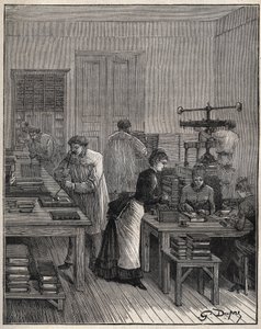 Vergoldung von Büchern (Einbänden) in Eisen in einer Werkstatt in Frankreich im 19. Jahrhundert. Gravur von 1885 in „Les arts et metiers illustres“ von Adolphe BITARD