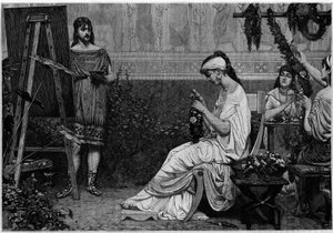 Glycere posiert vor dem griechischen Maler Pausias (4. Jahrhundert v. Chr.) für das Gemälde „Stephanopoclos“. Gravur in „Le journal de la jeunesse“