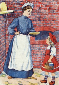 Geh, bring diesen Kuchen und diesen Topf Butter zu deiner Großmutter. Anonyme Illustration für „Rotkäppchen“, Märchen von Charles Perrault (1628-1703), französischer Schriftsteller. Bildmaterial Marcel Vagne, Jarville Nancy, undatiert (spätes 19. Jahrhunde