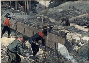 Goldrausch in Alaska: Goldsucher waschen Goldschlamm. Eine Frau sammelt Nuggets, während neue Goldsucher im Lager ankommen. Illustration in „Le Pelerin“ vom 20. Februar.