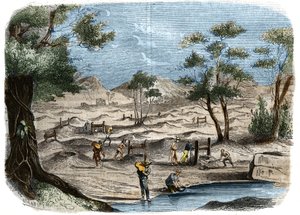 Goldrausch in Australien: Ansicht der Goldsucher in den Goldfeldern der Stadt Bendigo. Gravur von 1856 in „Le Musée Des Sciences“