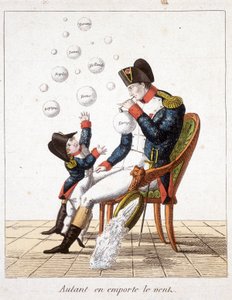 Vom Winde verweht: Napoleon macht Seifenblasen aus der Toskana, der Schweiz, Holland, Neapel, Rom, Spanien und Europa - in „Napoleon 1., Karikaturen, Dummysammlung“, ca. 1814 von Unknown artist