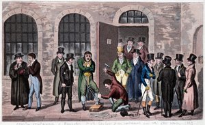 Gefängnis von Großbritannien: Ein Todesurteil ist am Newgate-Gefängnis in London angebracht (oft in den Romanen von Charles Dickens erwähnt). Gravur um 1823. Bibliothek der dekorativen Künste von Unknown artist