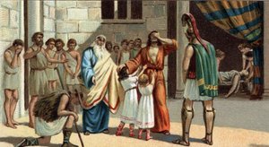 Große griechische Tragödien: „König Ödipus“ von Sophokles. Ödipus, blind, stützt sich auf zwei seiner Töchter. Zu seiner Linken sein schöner Vater Kreon, zu seiner Rechten der Seher Tiresias und ein alter Hirte, der die wahre Identität von Ödipus enthüllt.