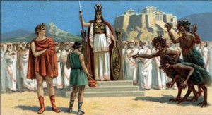 Große griechische Tragödien: „Die Orestie“ von Aischylos. Orestes erschien vor dem Areopag oder Obersten Gerichtshof von Athen, geleitet von der Göttin Pallas Athene oder Minerva, unterstützt von Apollo. Rechts sind die Eumeniden (die drei Furien). von Unknown artist