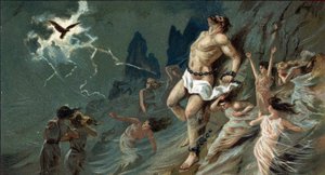 Große griechische Tragödien: „Prometheus gefesselt“ von Aischylos. In der Wüste von Skythien wird Prometheus auf Befehl von Jupiter an einen Felsen gekettet, weil er Menschen erschaffen und ihnen das himmlische Feuer gebracht hat. Dort nagte ein Adler an s