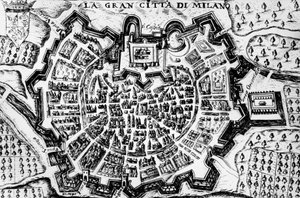 Große Stadt Mailand, Gravur der Karte von Mailand von Unknown artist