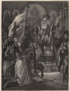 Griechischer Unabhängigkeitskrieg 1821 - 1829: Bischof Germanos III. von Alt-Patras (Georgios Gotzias) segnet die Fahne des Freiheitskampfes, Kloster Agia Lavra, 21. März 1821 - Gravur nach Gemälde von Unknown artist