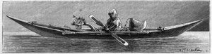 Grönland-Ausstellung in der Geographischen Gesellschaft, Paris: Modell eines Kajaks, hergestellt von Eskimos. Gravur in „La Nature: revue des sciences et de leurs applications aux arts et a l