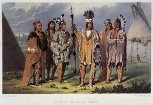 Gruppe von sechs Indianerhäuptlingen - in „Wanderings of an Artist among the Indians of North America“ von Paul Kane, Longmans & Roberts, London