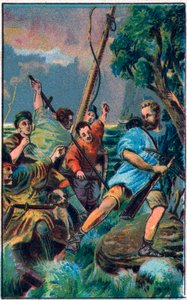 Guillaume Tell (Wilhelm Tell) (legendärer Held der Schweizer Unabhängigkeit) entkommt aus Gesslers Boot. Chromolithographie aus dem späten 19. Jahrhundert