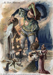 Gullivers Reisen von Jonathan Swift. Gulliver löschte allein ein Feuer, das die Stadt in Lilliput zu vernichten drohte. Chromolithographie des 19. Jahrhunderts von Unknown artist