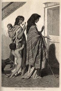 Zigeunerfrauen und -kinder, in Lumpen oder halb nackt, die von Tür zu Tür Almosen in Essek (Donau-Becken) erbitten. Gravur zur Illustration der Reiseerinnerungen unter den südlichen Slawen, von Georges Perrot, 1868, veröffentlicht in „Le tour du monde“ 187 von Unknown artist